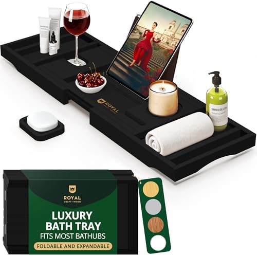 ROYAL CRAFT WOOD Premium Foldable Bathtub Tray Caddy - Wood Bath Tray for Tub, Bamboo Shelf, Expandable Bath Table Trays, Bathtub & Bathroom Accessories for New Home & Mothers, Birthday Gifts for Mom by ROYALCRAFTWOOD