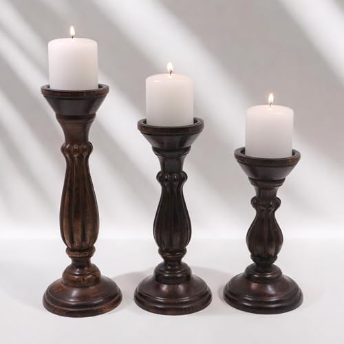 Hosley Set of 3 Dark Brown Wood Pillar Candle Holders 13 Inches 11 Inches and 9 Inches High Ideal for LED and Pillar Candles Gifts for Weddings Party Home Spa Reiki Aromatherapy - Image 4