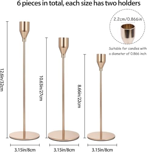 French Gold Candle Holders Set of 6, Metal Taper Candle Holders, Gold Candlestick Holders, Fits 2.2cm Thick Candle&Led Candles, for Table Centerpiece, Mantels, Weddings, Dining, Party - Image 2
