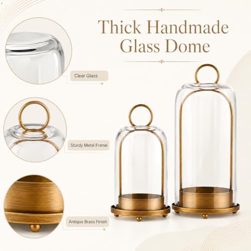 Hurricane Glass Candle Holders in Antique Brass, 5" & 4" Wide Gold Vintage Metal Candlesticks Holders for Pillar Candle Lantern with Handmade Thick Glass Dome, Industrial, Modern Home Decor (Brass) - Image 3