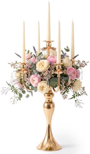 20.3'' Tall 5 Arm Gold Candelabra Centerpiece for Table, Metal &Crysyal Candle Holder, Retro Candelabra/Candlestick Table Centerpieces for Party, Events, Home, Wedding Decor (1pc, Gold) by KOLNLALA