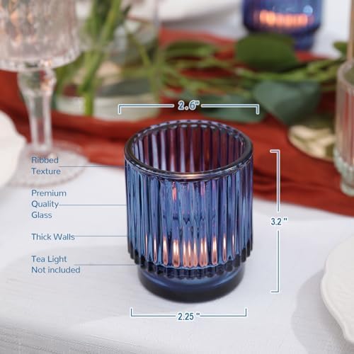 DEVI 8 Pcs Blue Votive Candle Holder for Wedding Centerpieces, Glass Ribbed Tea Light Holder for Wedding Table Decorations, Navy Blue Decor for Party Home Farmhouse Decorations - Image 2