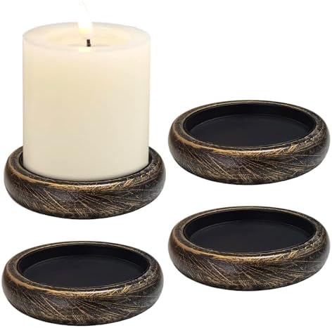 Candle Holder for Pillar Candle Set of 4, Farmhouse Wood Candle Plate, Rustic Wooden Candle Stand, Candles Tray Decorative for Living Room, Table Centerpiece, Black Gold by CEDARLUX