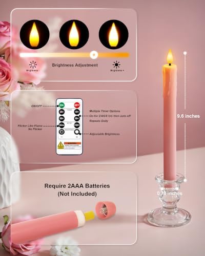 Homemory 9.6 Inches Real Wax Pink Flameless Taper Candles with Remote Timer, 2 Pcs LED Fake Candlesticks, Battery Candle with 3D Flickering Flame for Wedding, Dinner, Xmas Anniversary Decor - Image 4