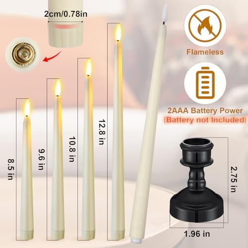 Rossesay 12 Pcs LED Taper Candles Holders, Black Holder & Ivory Candles - Image 3