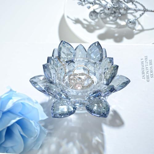 Crystal Lotus Flower Tealight Candle Holders/Glass Tea Light Candlestick Decor Decoration for Christmas Home Wedding Party… (Blue 2pcs) - Image 3