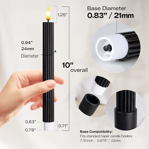 6 Pack, 10" LED Flameless Real Wax Black Fluted Ribbed Grooved Taper Candles, Remote & 24h Timer Memory, On/Off Button, Dimmable, Flicker Mode, Battery Operated, Wedding - Image 3
