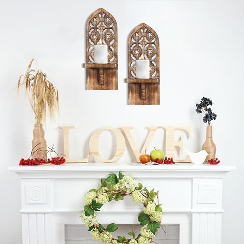 Burnt Natural Wall Mounted Candle Sconces (Set of 2) - Decorative Hand-Carved Wooden Candle Holders, Farmhouse Style, Perfect for Living Room, Bedroom & Kitchen Wall Décor - 16 Inch - Image 3