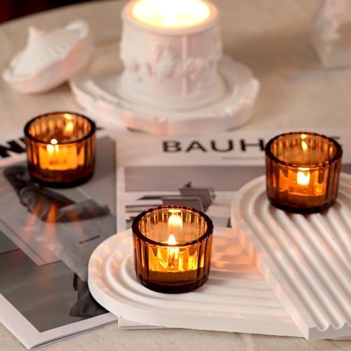 Homemory 24 Pcs Tealight Candle Holders, Amber Votive Candle Holders, Glass Candle Holder for Table Centerpiece, Wedding, Baby Shower, Birthday, Party, Halloween, Christmas - Image 7