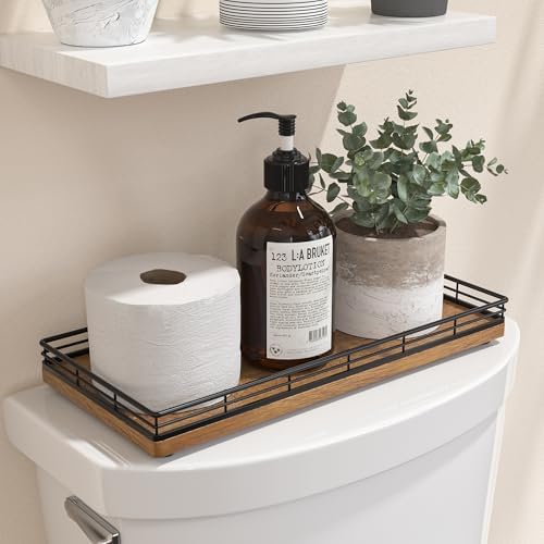 Bathroom Toilet Tank Tray, 13" Wood Toilet Paper Storage Basket Tray Back of Toilet Basket Organizer,Vanity Tray for Perfume Makeup Candle Decor, Black & Farmhouse Brown by Focusonit