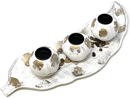 allgala HD90405 Wooden Candle Holder Tray 3 Ball Orbs Set Tealight Centerpiece with Pebbles on Leaf Tray for Coffee Table Dining Table Accents Bowl for Living Room Décor (White Gold) by Allgala