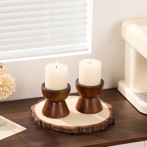 Set of 2 Rustic Acacia Wood Candle Holders for Pillar Candles - Image 6