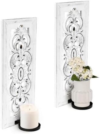 Wall Candle Sconces Set of Two, Rustic Wood Candle Sconce Shabby Chic Wall Decor, Distressed Carved White Wooden Wall Candle Holder for Farmhouse, Bedroom, Fireplace, White by CEDARLUX