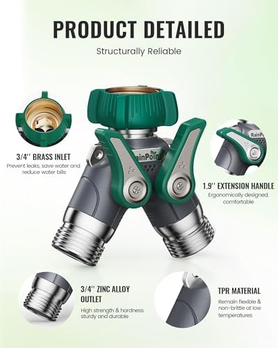 RAINPOINT Garden Hose Splitter, 2 Way Heavy Duty Water Hose Y Spigot Splitter with Shutoff Valves, 100% Metal Body Outdoor Faucet Splitter, 1.9" Extra Long Metal Handle (1, Deep Green) - Image 3