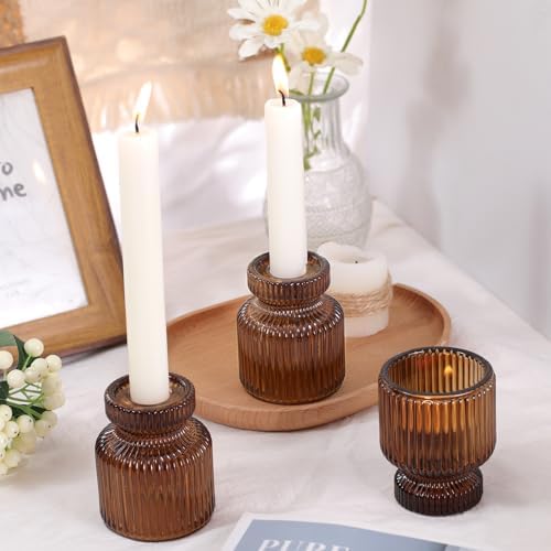 DARJEN 6 Pcs Amber Candlestick Holders - Glass Taper Candle Holders Tealight Votive Candle Holders for Table Centerpieces, Wedding, Dinner Party, Home, Gifts - Image 4