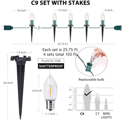 Brightown C9 Christmas Lights Outdoor, 4 Packs Total 103 Ft Christmas Pathway Lights with 80 LED Bulbs and Stakes, Connectable Outdoor Christmas Decorations Yard Walkway Sidewalk Holiday, Warm White - Image 3