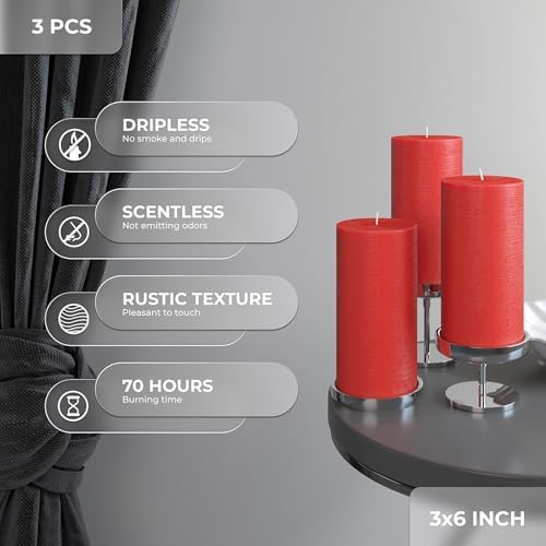 CANDWAX Large Pillar Candles 3x6 Inch – Set of 3 Unscented Dripless Red Candles, Rustic Design for Events, Weddings, Home Styling - Image 2