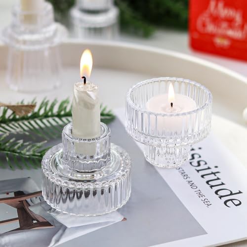 Clear Candlestick Holders 12PCS Ribbed Glass Taper Candle Holders for Tealight Stick Candles Table Centerpieces Thanksgiving Christmas Indoor and Outdoor Decorations - Image 3