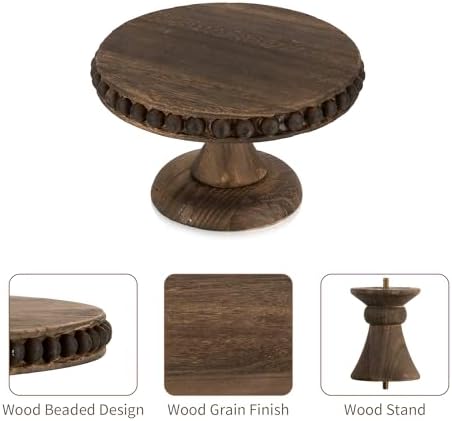 Hanobe Small Wood Cake Stand: Cupcake Pedestal Stand 8 inch Dessert Display Riser Distressed Rustic Round Cakes Holder Tray Vintage Beads Wooden Plate for Wedding Birthday Decor - Image 4
