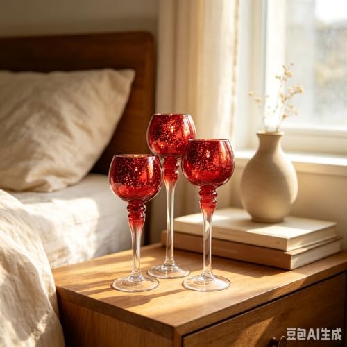 Hosley Set of 3 Crackle Red Glass Tealight Holders - 12 Inch, 10 Inch, 9 Inch Ideal for Weddings Special Events Parties Also Makes a Great Gift - Image 3