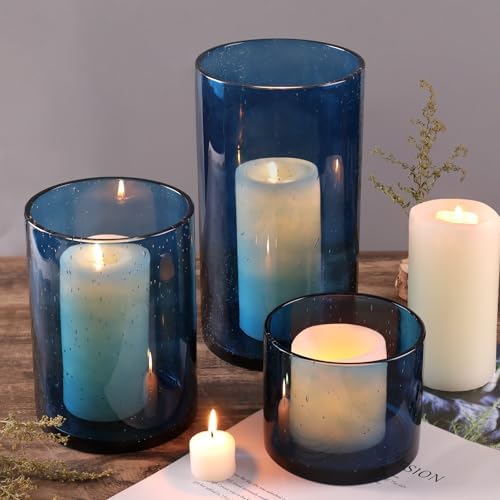 Large Hurricane Candle Holder Set of 3 Blue Candle Holders for Pillar Candles, Seeded Bubbles Glass Candle Holder, Blue Glass Cylinder Vases for Table Centerpieces, Home, Patio and Wedding 10"7"4"H - Image 6