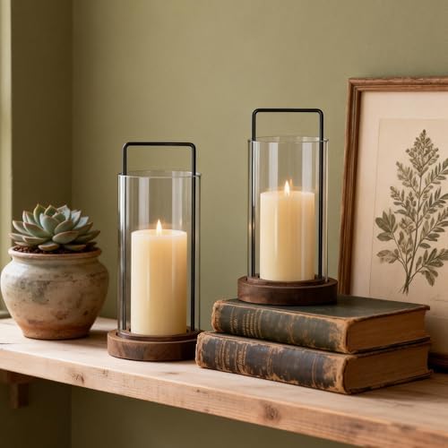 Houmury Farmhouse Candle Holder Decor Boho Glass Hurricane Lantern for Table Centerpieces Set of 2 Decorative Wood Metal Candle Holders for Living Room Dining Patio Home Decoration (Brown) - Image 2