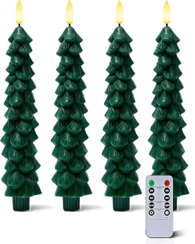 Stmarry 4 PCS Flameless Christmas Tree Candles with Remote Timer, Real Wax Flameless Taper Candles 9.65 Inch, LED Candlesticks with 3D Flickering Flame, Christmas Decor Candles Battery Operated by Stmarry