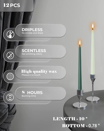 10 Inch Green Taper Candles-Dripless Unscented Spring Tapered Candle Smokeless Candlestick Long Slow Burning 8 Hours Tall Sticks for Christmas Wedding Dinner Parties 12 Pack - Image 5