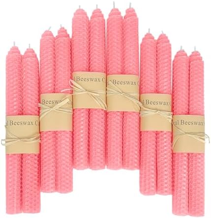 Lacaser Natural Beeswax Taper Candles Bulk Set,9" Long Candlesticks, Dripless & Unscented, 4 Hour Burn Time, Light Pink, 12 Pack by PureWaxPureNature