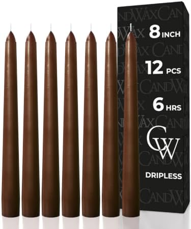 CANDWAX 8 Inch Taper Candles Brown Decor Unscented Candle Sticks 12 Pack by CANDWAX