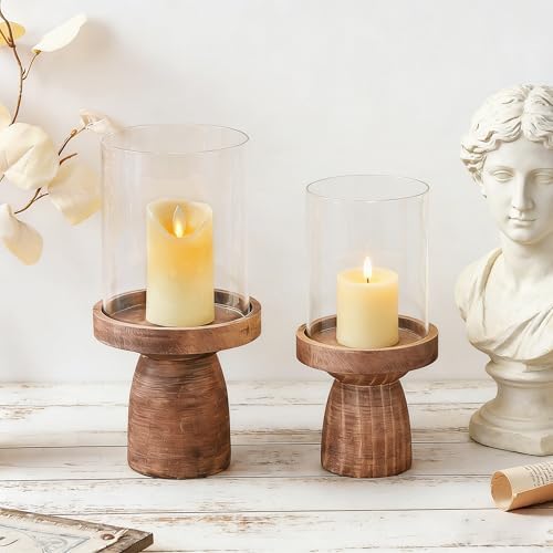 4" & 5" Glass Hurricane Candle Holders with Vintage Natural Solid Wooden Base in Set of 2, Decorative Centerpiece for Home, Coffee Table, Fireplace Mantel, Wedding, Modern Farmhouse Style - Image 3