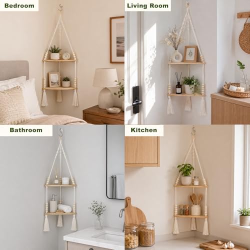 Artilady Macrame Wall Hanging Corner Shelf, Adjust Boho Storage Wall Decor - Image 2