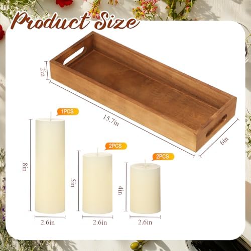 Shihanee Ivory White Pillar Candles and Long Narrow Wooden Candle Tray Set 5 Pcs Dripless Unscented Candles 1 Pcs Rustic Rectangular Centerpiece Candle Holder with Handle for Home Table Dining Kitchen - Image 3