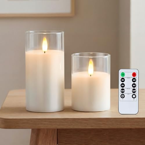 Amagic White Glass Real Wax Flameless LED Pillar Candles with Remote Timer by AMAGIC
