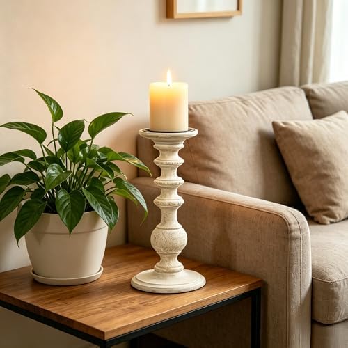 Hosley Set of 2 White Wooden Pillar Candle Holder 11 Inch High Country Style Ideal for Weddings or Parties as Well as Home Decor - Image 2