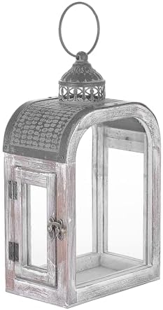11" High Farmhouse Decorative Lanterns Set, Glass and Metal, Distressed White Wood Finish, Vintage Metal Top, Indoor Outdoor Candle Holders (Rustic White, 7"X4") by Unknown