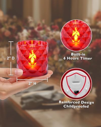 Homemory 2" Red Acrylic Votive Candle & Holders with Auto Timer, 6 Pack - Image 2