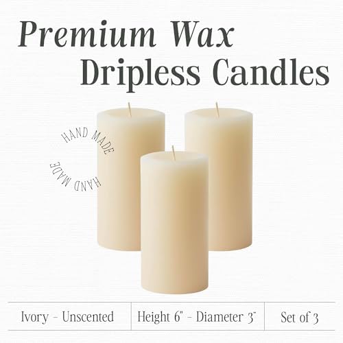 Mister Candle Dripless Unscented Pillar Candles, Set of 3 Hand Poured Ivory Pillar Candles, Solid Color Non-Scented Candles for Home Decor, Premium Wax, 80 Hr Burn Time, 3x6 Inch - Image 2