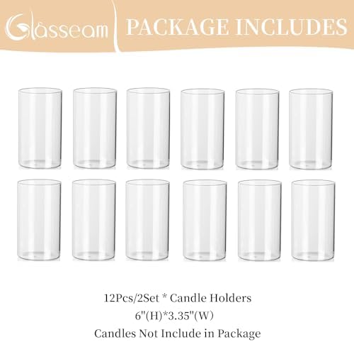 Glasseam Glass Hurricane Candle Holder Set of 12, Cylinder Pillar Candle Holders for Table, Modern Floating Candle Decorations, Clear Glass Cylinder Vase for Centerpieces Wedding Dining Table, 6inch - Image 6