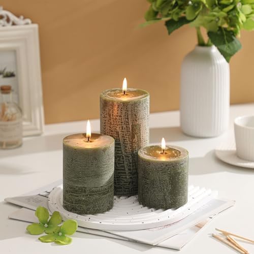 3x3 Inch Moss Green Pillar Candles - Set of 3, Long Clean Burning, Smokeless Dripless Candles for Spring Home Decor, Dinner Table, Bathroom, Rustic Decor - Image 4