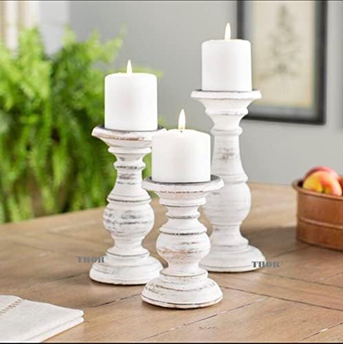White Pillar Candle Holder Set of 3 - Farmhouse Wood Candle Stand, Mantle Decor Centerpieces for Fireplace, Living or Dining Room Table 6 X 8 X 10 Inch by THOR+INSTRUMENTS