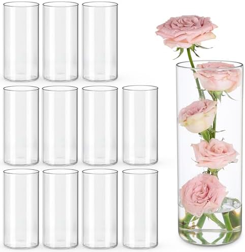 UPBUD 8 Inch Glass Cylinder Vases for Centerpieces, 12pcs Clear Flower Vase by UPBUD