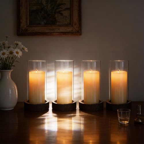Ronasip Set of 4 Hurricane Candle Holders - 4.6x7.8 Inch Rustic Wooden Base with Glass Cylinder, Brown Pillar Candle Holders for Wedding Centerpieces, Home Decor, Table & Mantel Decorations - Image 4