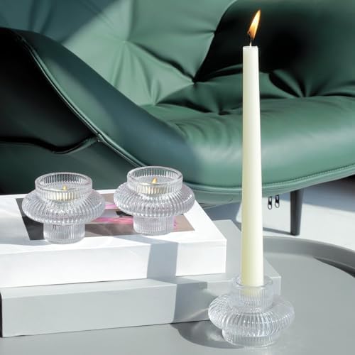 VOHO 12pcs Taper Candle Holders Ribbed Glass, Clear Candle Holder Stackable - Image 5