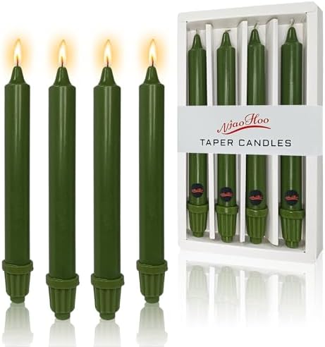 NJAO HOO Olive Green Taper Candle 8 Inch Christmas Candlesticks Unscented Dripless Handmade Candles for Home Decor Dinner New Year Party, 4 Pack by NJAOHOO