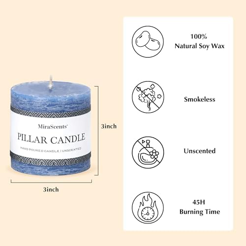 3x3 Inch Blue Pillar Candles Set of 3 - Hand-Poured Unscented Candle, Long Clean Burning, Large Big Candles, Smokeless Dripless Candle for Dinner Table, Wedding, Home, Bathroom, Rustic Decor - Image 3