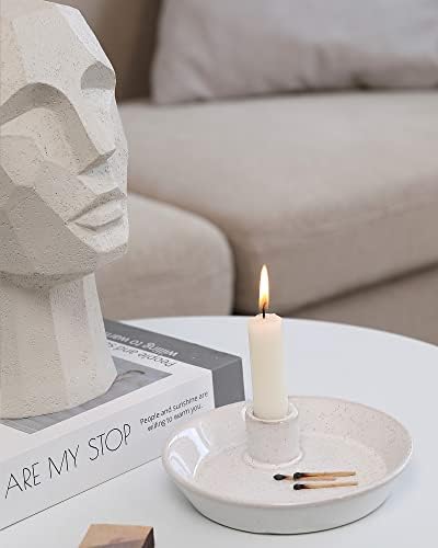 DN DECONATION White Ceramic Candle Holders, Modern Candlestick Holder with Tray, Boho Candle Holder, Unique Round Stoneware Candle Holder for Taper Candles, Halloween Christmas Fall Decor - Image 2