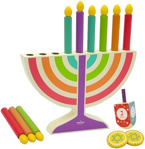 Mini Multicolor Hanukkah Menorah, 4-Pack 5" Inch Children Wooden Chanukah Menorah Set with Removable Wooden Candles, 3" Inch Dreidel, and Gelt Coins - Image 7