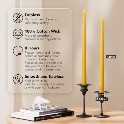 New Burning Formula Unscented Dripless 12-Inch Taper Candles Set of 12 - Spicy Mustard, for Wedding, Dinner - Smokeless, Long Burning - Hand Poured, Colored Tall Candlesticks - Mostaza Picante - Image 2