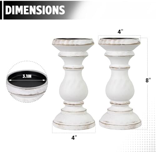 Candle Holder for Pillar Candle Set of 2, Farmhouse Wood Candle Holder, Rustic Wooden Candle Stand, Vintage Wooden Candlestick Holders Decorative for Living Room, Table Centerpiece, Antique White - Image 2